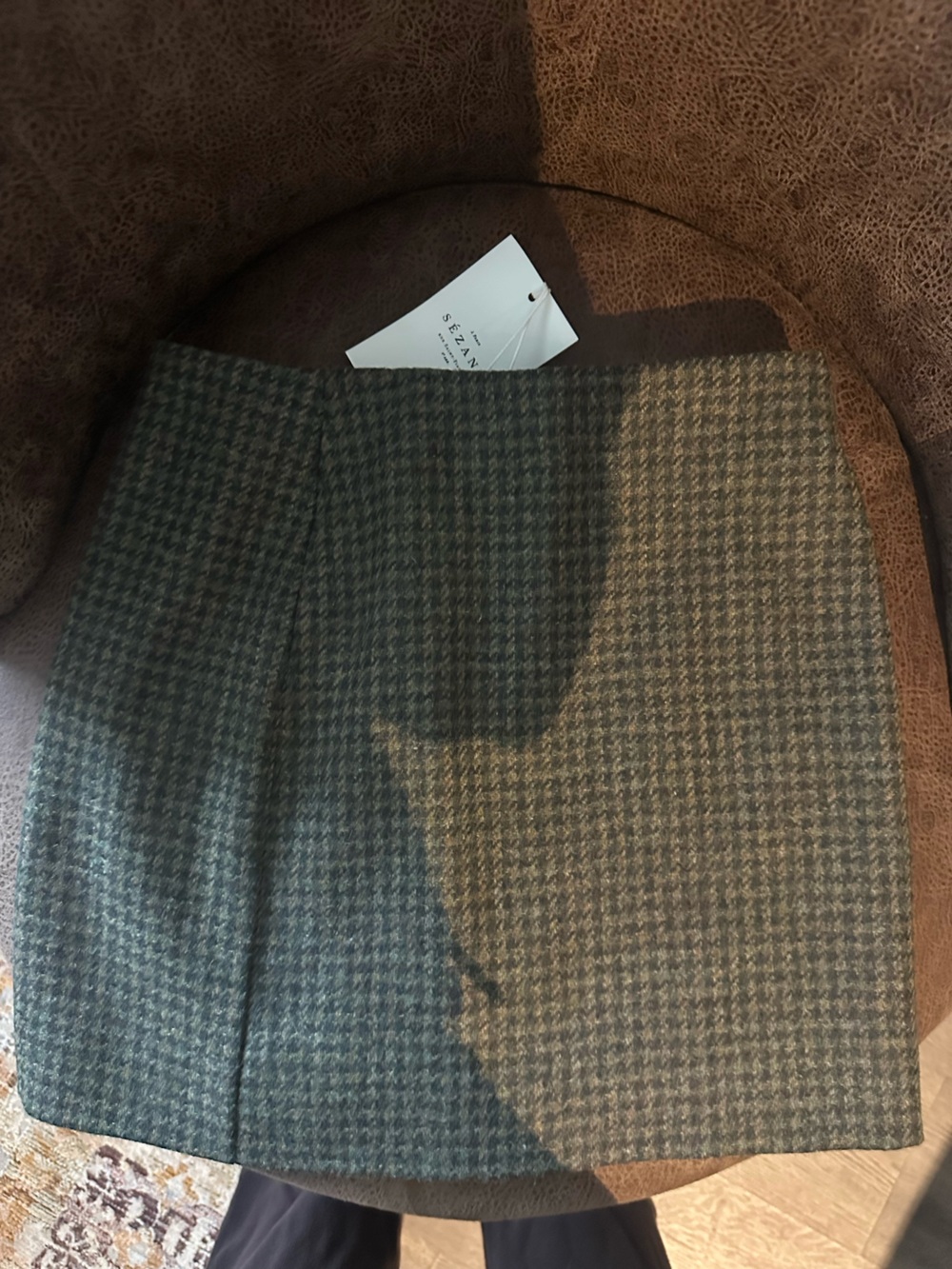Sezane Mini Skirt in Olive Houndstooth